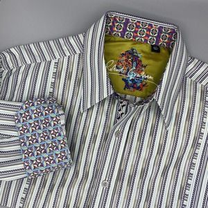 ROBERT GRAHAM Mens Long Sleeve Shirt Striped Flip Cuff Sz‎ Large White/Aqua/Lime